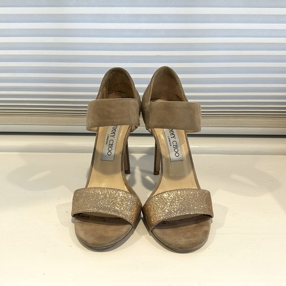 Jimmy Choo Shoes - JIMMY CHOO suede/ fine glitter heels Nude color/ subtle gold glitter